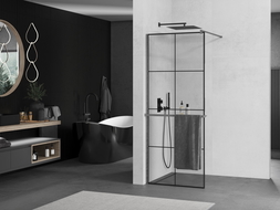 Mexen Kioto+ Стената за душ с рафт Walk-in 90 x 200 см, черен модел, gun gray четкан - 800-090-121-66-77