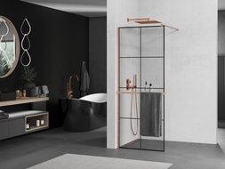 Mexen Kioto+ стена за душ с рафт Walk-in 90 x 200 см, черен модел, четкана мед - 800-090-121-65-77