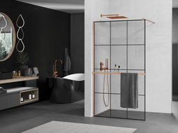 Mexen Kioto+ стена за душ с рафта Walk-in 120 x 200 см, черен модел, полирана мед - 800-120-121-65-77