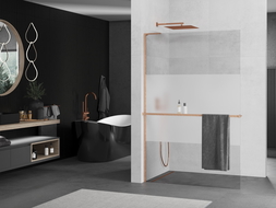 Mexen Kioto+ L душ параван с рафт Walk-in 70 x 200 см, прозрачен/матов, четка за мед - 800-070-123-65-35