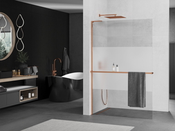 Mexen Kioto+ L душовата стена с рафт Walk-in 110 x 200 см, прозрачен/мъглив, розово злато - 800-110-123-60-35