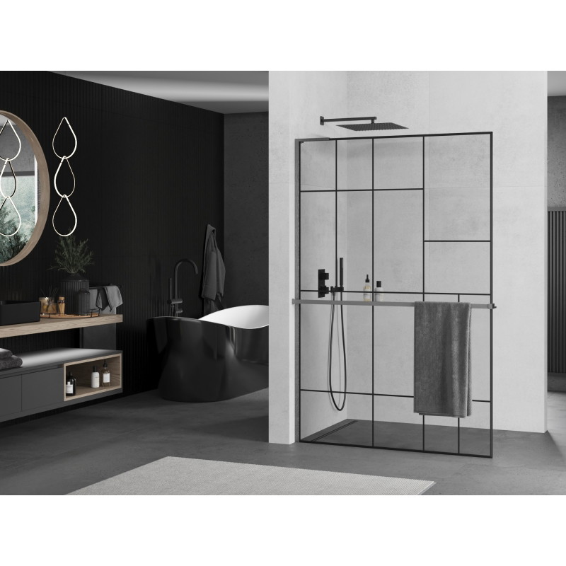Mexen Kioto+ L душ стена с рафт Walk-in 100 x 200 см, черен модел, четка сив пистолет
