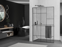 Mexen Kioto+ L душ стена с рафт Walk-in 100 x 200 см, черен модел, четка сив пистолет
