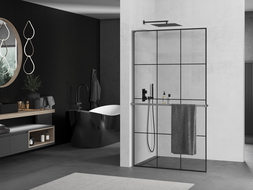 Mexen Kioto+ L душова стена с рафт Walk-in 110 x 200 см, черен модел, gun metal - 800-110-123-95-77