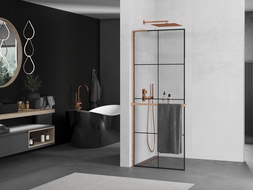 Mexen Kioto+ L стенна душа с рафт Walk-in 90 x 200 см, черен модел, четкана мед - 800-090-123-65-77