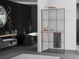Mexen Kioto+ L душова стена с рафт Walk-in 100 x 200 см, черен модел, розово злато - 800-100-123-60-77