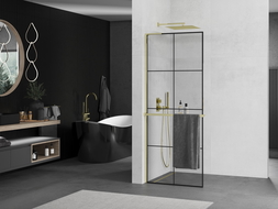Mexen Kioto+ L стена за душ с рафт Walk-in 90 x 200 cm, черен модел, златен - 800-090-123-50-77