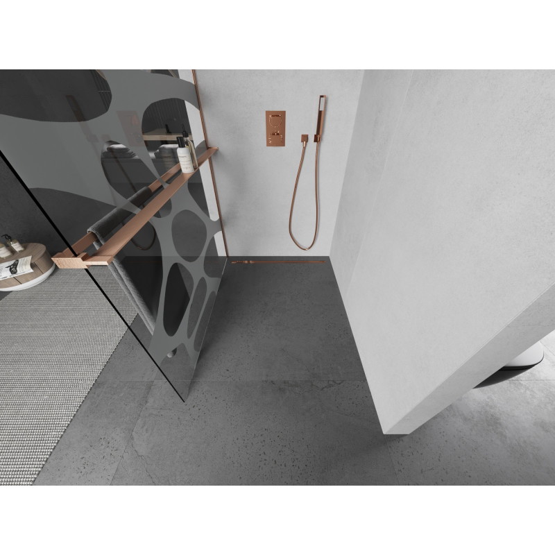 Mexen Kioto+ L душ стена с рафт Walk-in 120 x 200 см, бяла вълна, четкана мед