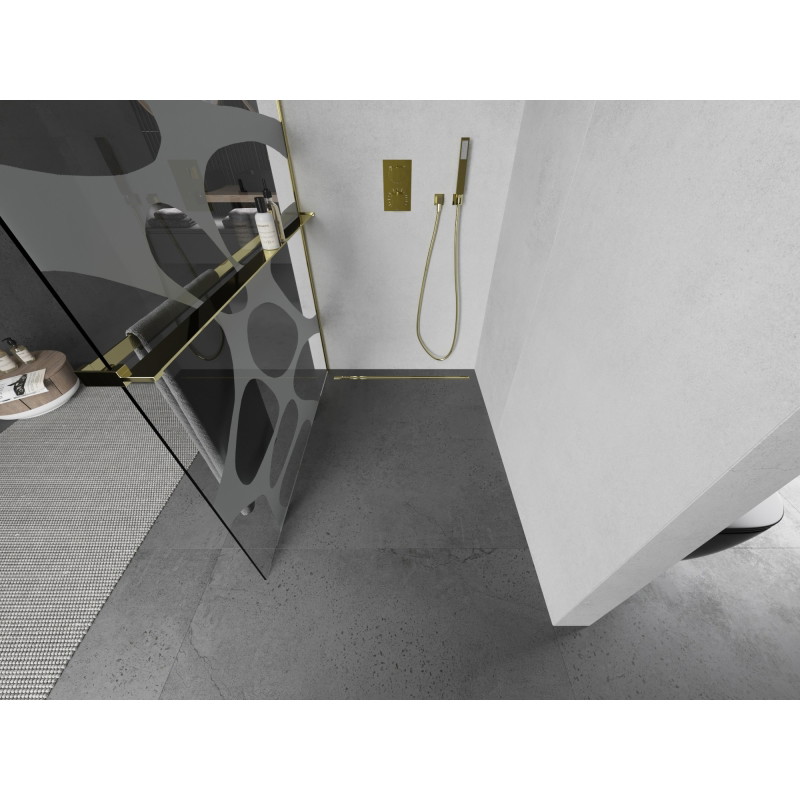 Mexen Kioto+ L душ стена с рафт Walk-in 110 x 200 см, бяла вълна, златна - 800-110-123-50-97