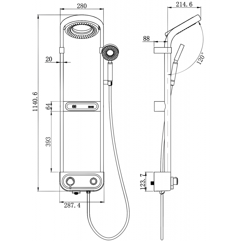 Mexen Peak Надграждане душ кабина с дъждовен душ и батерия, LED дисплей, черен - 78106-70