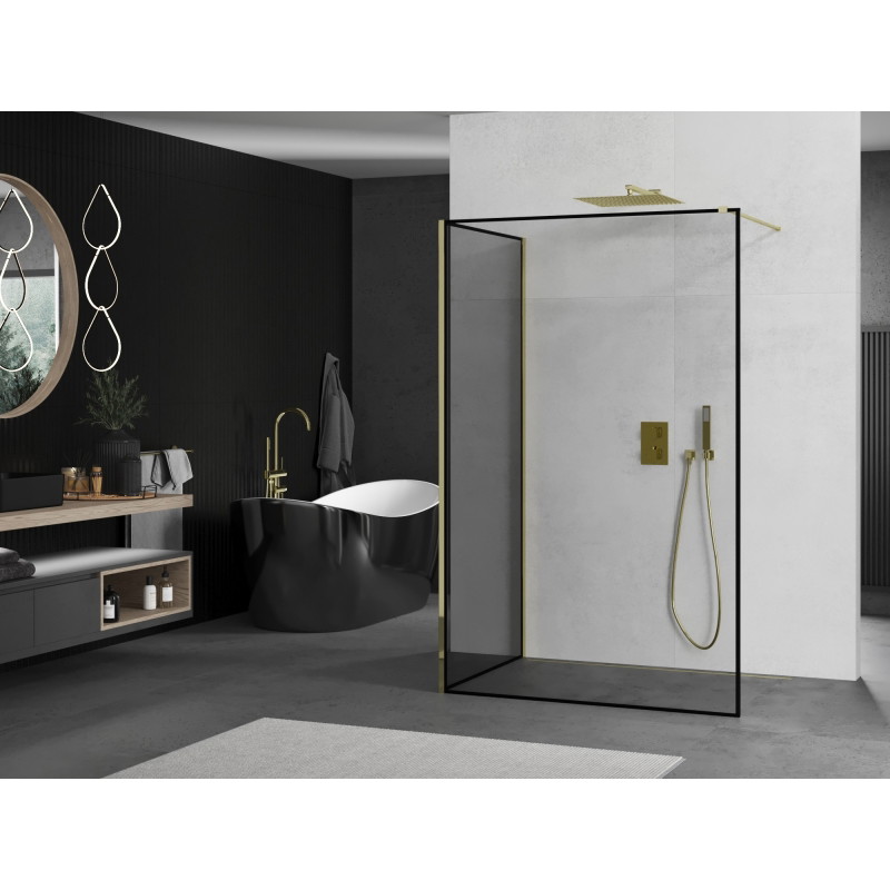 Mexen Kioto душ преграда Walk-in 90 x 90 см, черна рамка, златна - 800-090-212-50-70-090