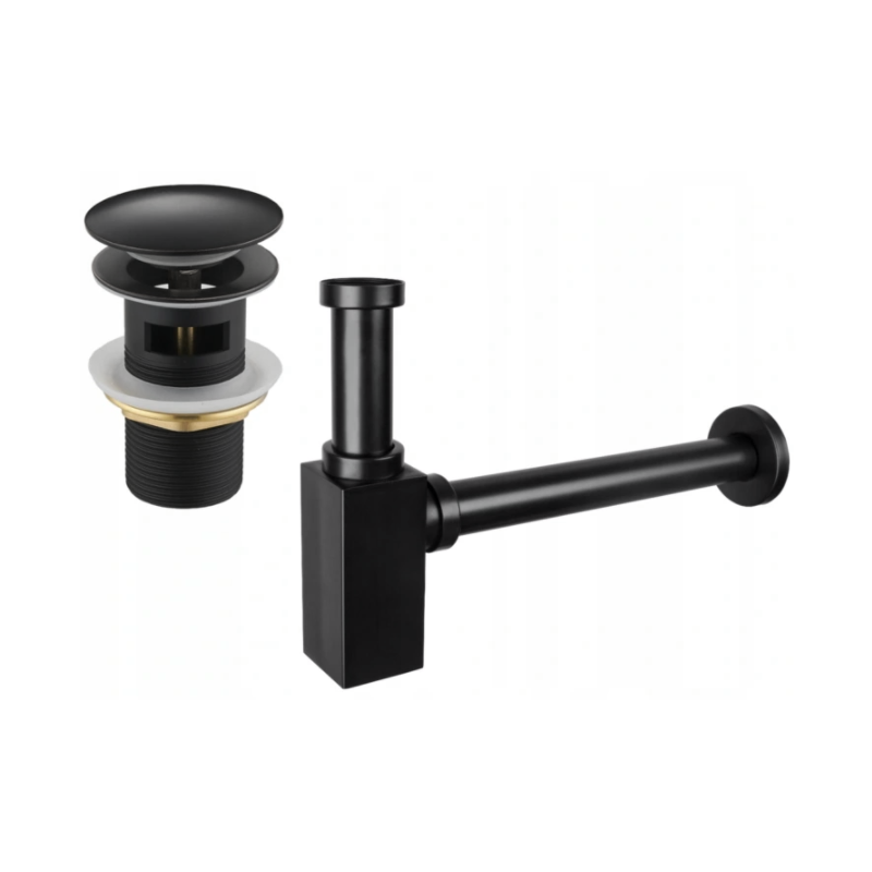 Mexen квадратен сифон за мивка с клик-клак тапа, с преливник, черен -