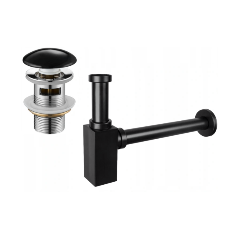 Mexen полусифон за умивалник квадратен с керамична капачка клик-клак, с преливник, черен - 7992060-75