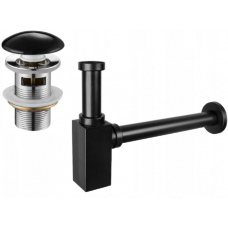 Mexen полусифон за умивалник квадратен с керамична капачка клик-клак, с преливник, черен - 7992060-75
