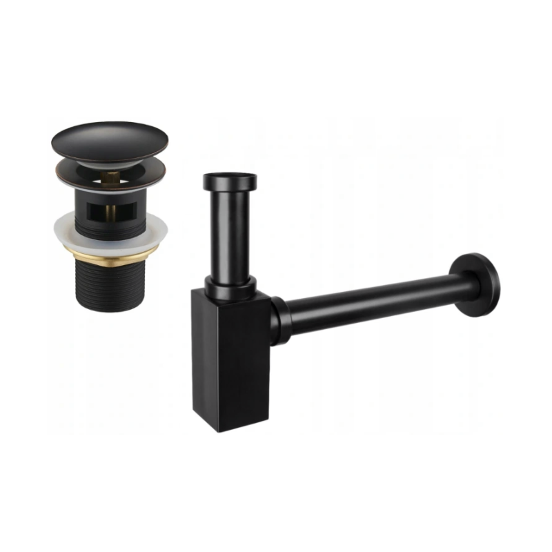 Mexen половин сифон за мивка, квадратен, с клик-клак патент, с преливник, антично черен - 7992060-79