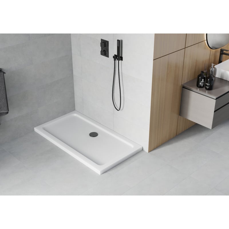 Mexen Flat правоъгълна тънка душ кабина 130 x 70 см, бяла, черен сифон - 40107013B