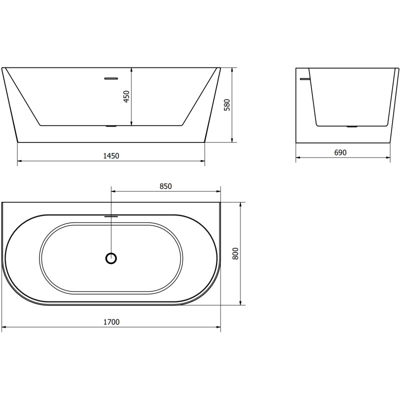 Mexen Oval+ свободностояща вана до стена 170 x 80 см, бяла, хромиран преливник