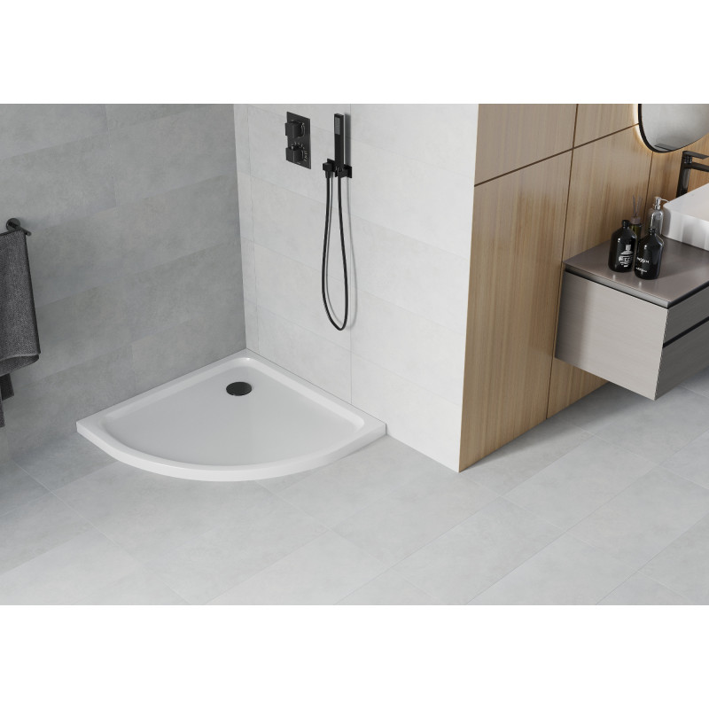 Mexen Flat полукръгъл slim 70 x 70 см, бял, черен сифон - 41107070B