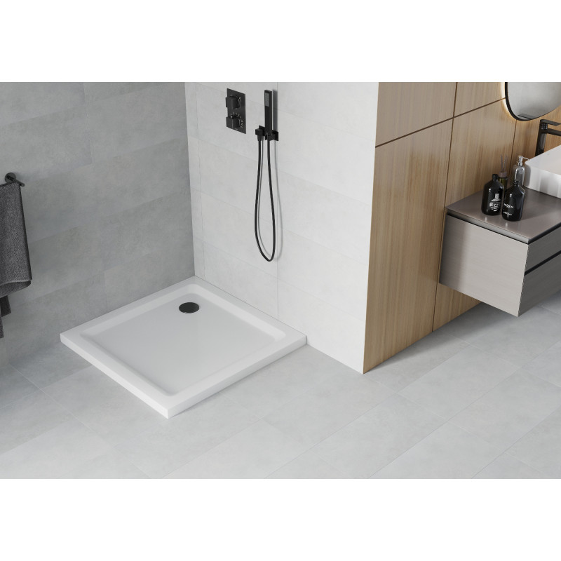 Mexen Flat квадратен тънък поддушник 100 x 100 см, бял, черен сифон - 40101010B