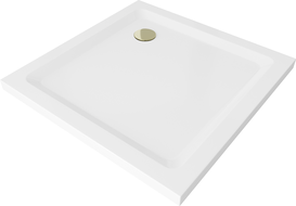 Mexen Flat квадратен душов поддушник Slim 90 x 90 cm, бял, златен сифон - 40109090G