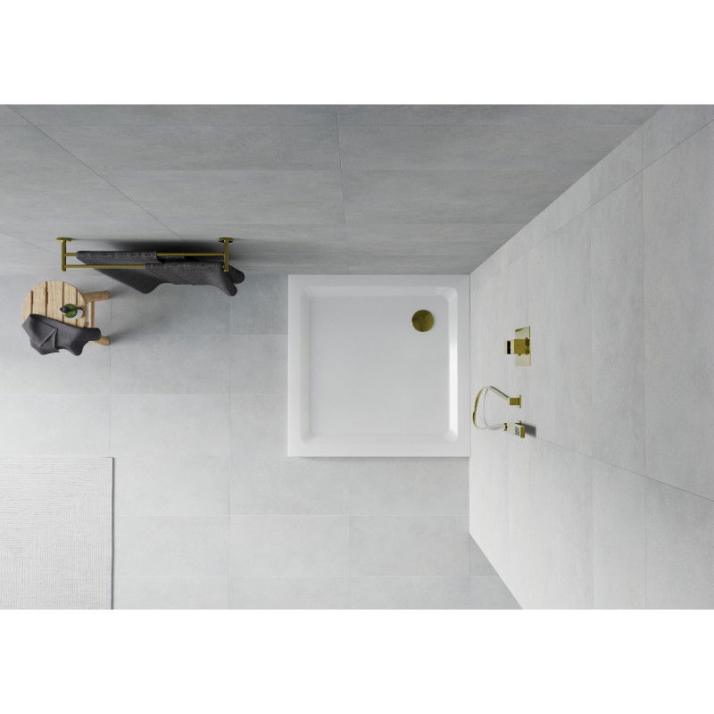 Mexen Flat квадратен плосък душ корито 80 x 80 см, бял, златен сифон - 40108080G