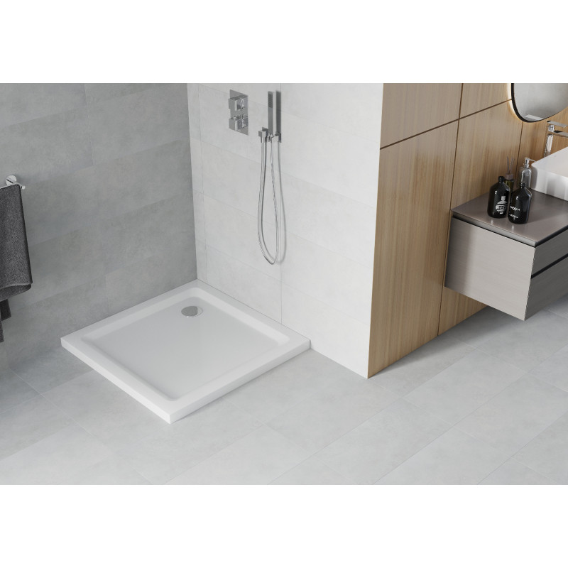 Mexen Flat квадратен поддушов ултратънък 90 x 90 см, бял, сифон хром - 40109090