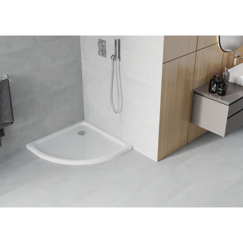 Mexen Flat полукръгъл душ-кабина slim 90 x 90 см, бял, хромиран сифон - 41109090