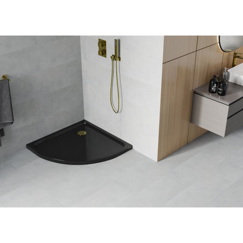 Mexen Flat полукръгъл душ коритo slim 90 x 90 см, черен, златен сифон - 41709090G