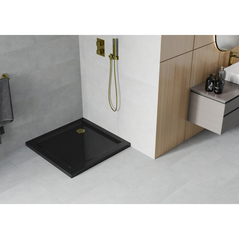 Mexen Flat квадратен плитък поддушов 90 x 90 см, черен, сифон златен - 40709090G