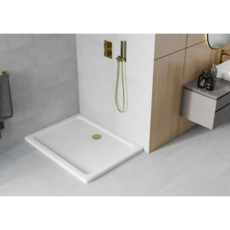 Mexen Flat правоъгълна душ кабина slim 90 x 70 см, бяла, златен сифон - 40107090G