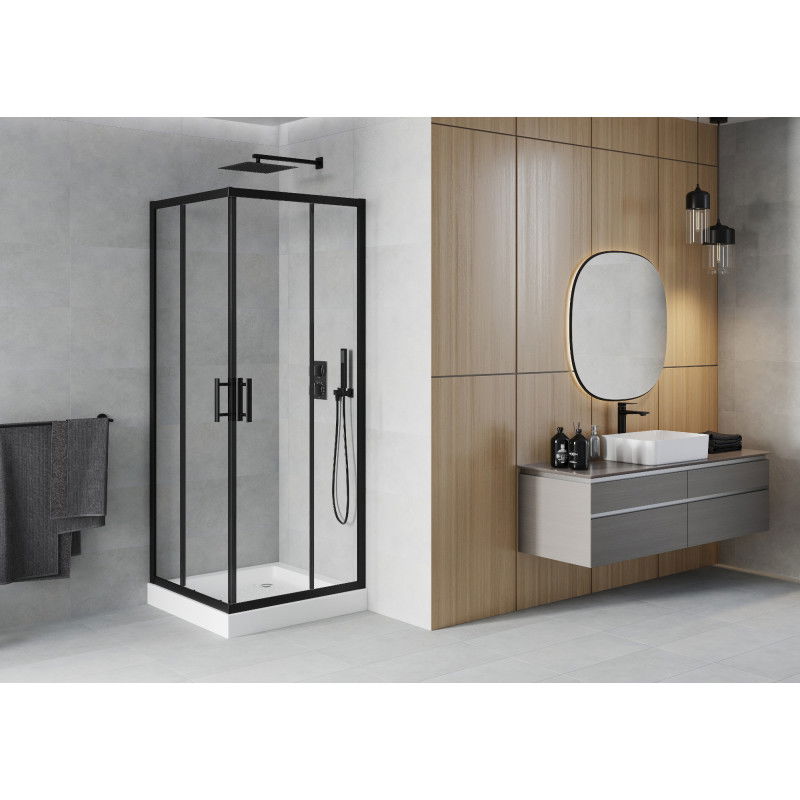 Mexen Rio квадратна душ кабина 80 x 80 см, прозрачна, черна + корито Rio, бяло - 860-080-080-70-00-4510