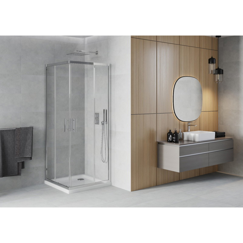 Mexen Rio квадратна душ кабина 70 x 70 см, прозрачна, хром + корито Flat, бял