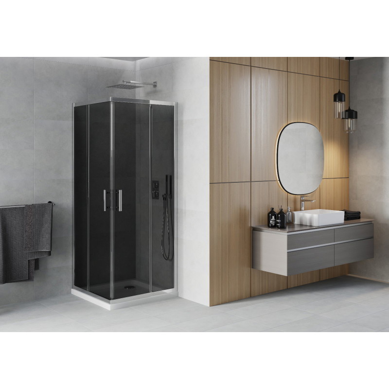 Mexen Rio квадратна душ кабина 80 x 80 см, графит, хром + корито Flat, бял