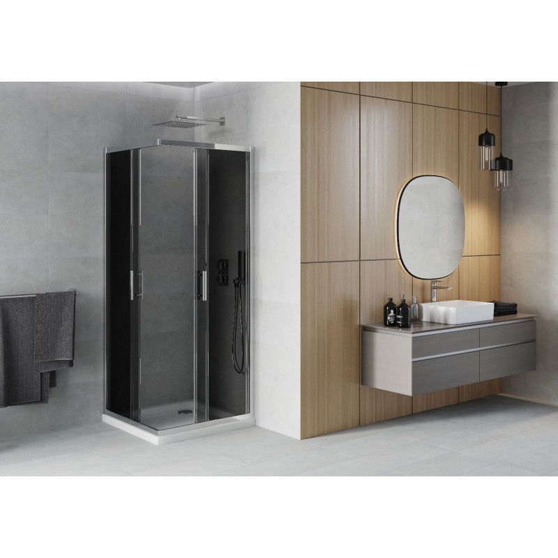 Mexen Rio квадратна душ кабина 90 x 90 см, графит, хром + поддушово корито Flat, бяло - 860-090-090-01-40-4010