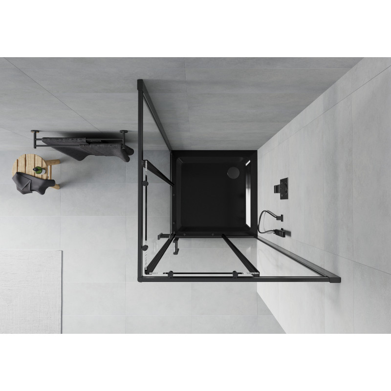Mexen Rio квадратна душ кабина 90 x 90 см, прозрачна, черна + корито Flat, черно