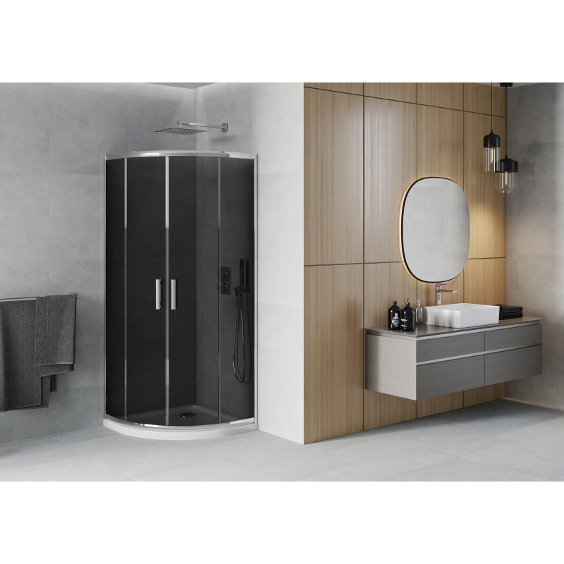 Mexen Rio полукръгла душ кабина 80 x 80 см, графит, хром + поддушово корито Flat,