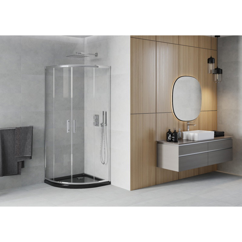 Mexen Rio полукръгла душ кабина 80 x 80 см, прозрачна, хром + корито Flat, черно