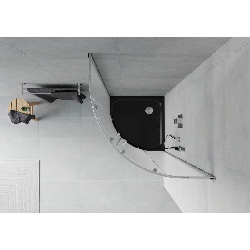 Mexen Rio Полукръгла душ кабина 90 x 90 см, матирано стъкло, хром + плосък душ корито, черен - 863-090-090-01-30-4170