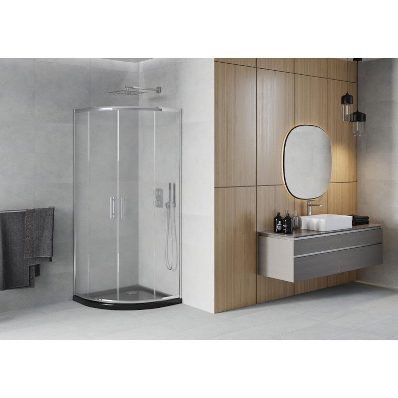Mexen Rio Полукръгла душ кабина 90 x 90 см, матирано стъкло, хром + плосък душ корито, черен - 863-090-090-01-30-4170