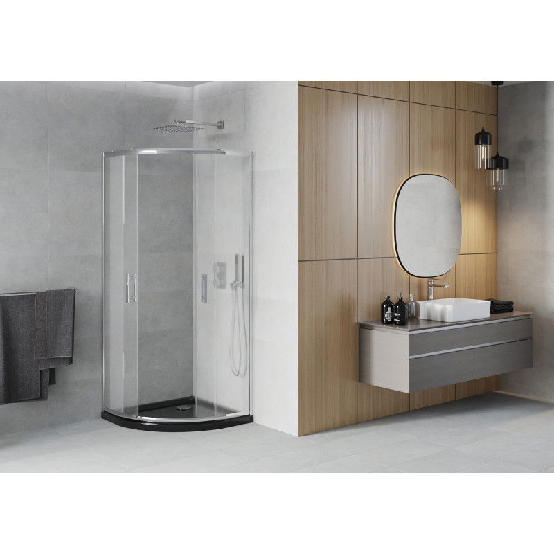 Mexen Rio Полукръгла душ кабина 90 x 90 см, матирано стъкло, хром + плосък душ корито, черен - 863-090-090-01-30-4170