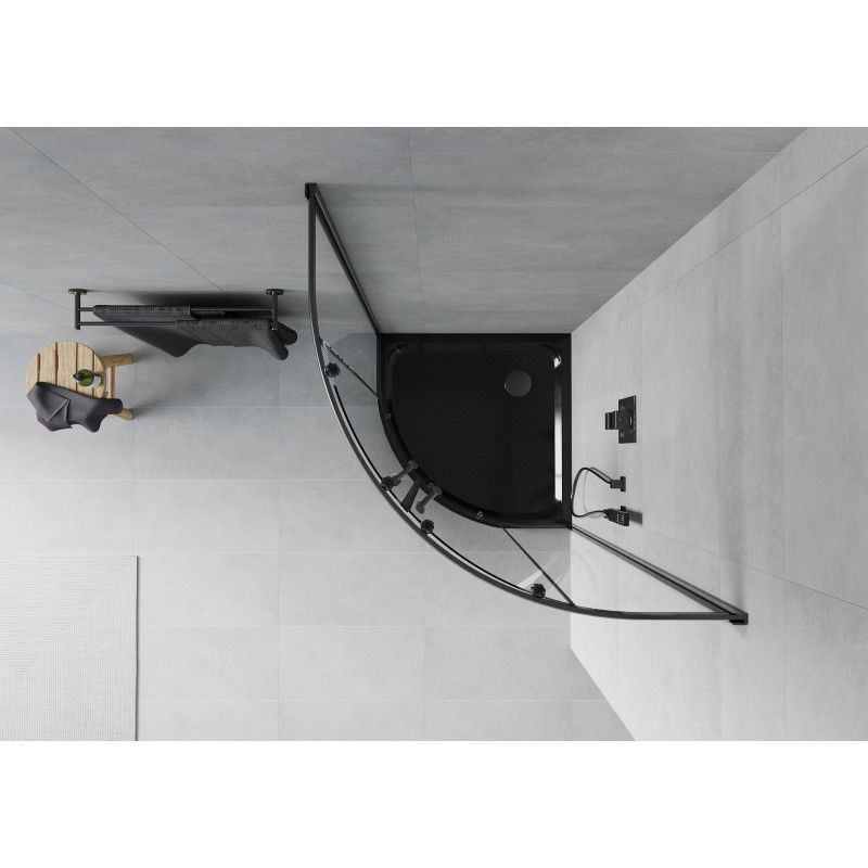 Mexen Rio полукръгла душ кабина 80 x 80 см, прозрачна, черна + душ корито Flat, черно - 863-080-080-70-00-4170B