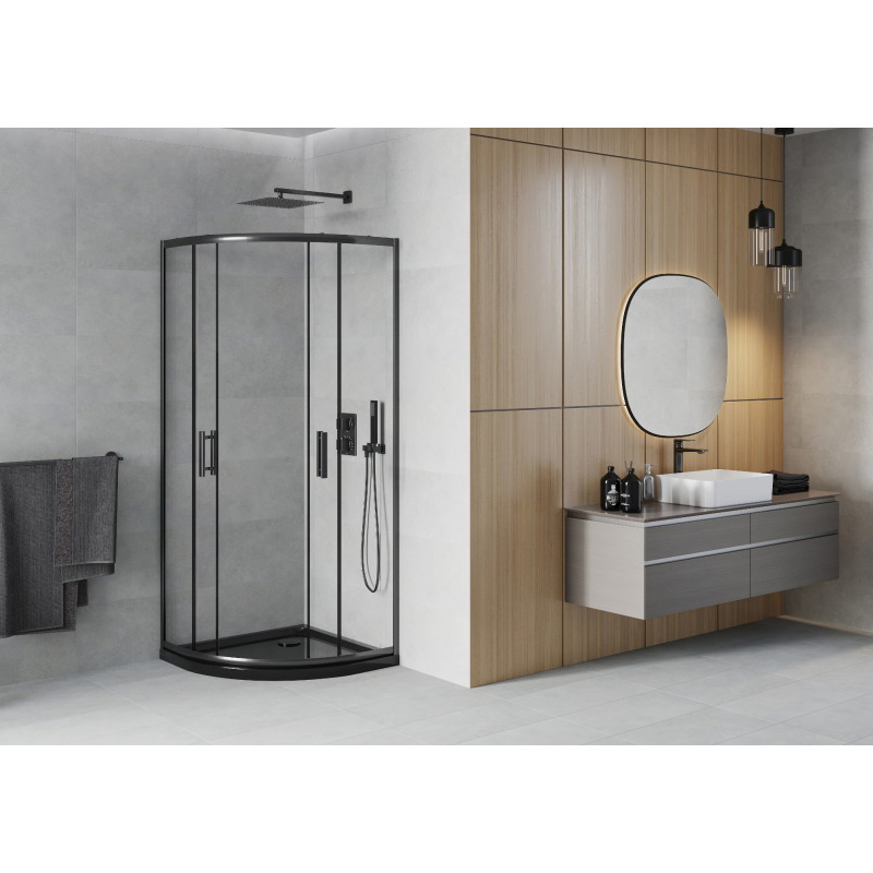 Mexen Rio полукръгла душ кабина 90 x 90 см, прозрачна, черна + корито Flat, черно
