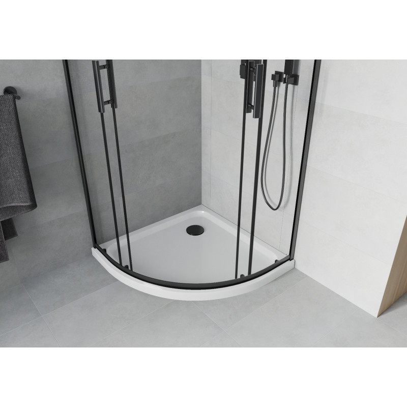 Mexen Rio петвъртита душ-кабина 80 x 80 см, прозрачна, черна + тава Flat, бяла