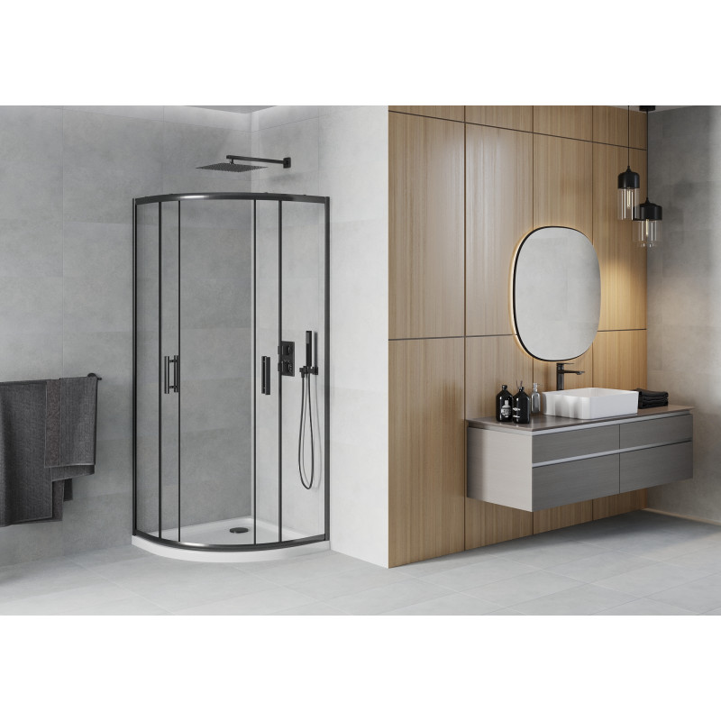 Mexen Rio петвъртита душ-кабина 80 x 80 см, прозрачна, черна + тава Flat, бяла