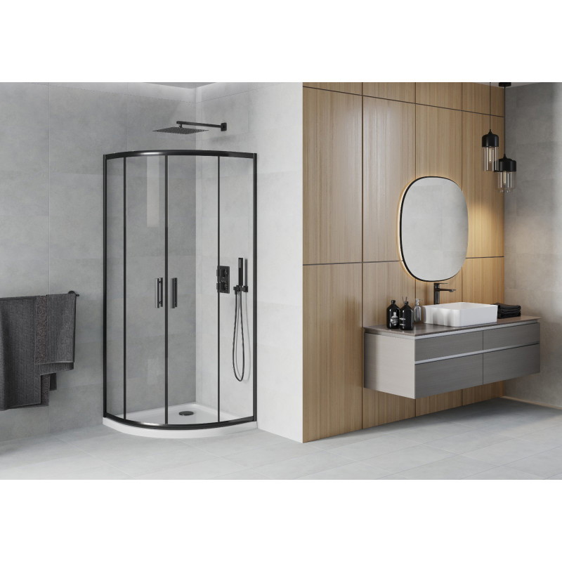 Mexen Rio петвъртита душ-кабина 80 x 80 см, прозрачна, черна + тава Flat, бяла