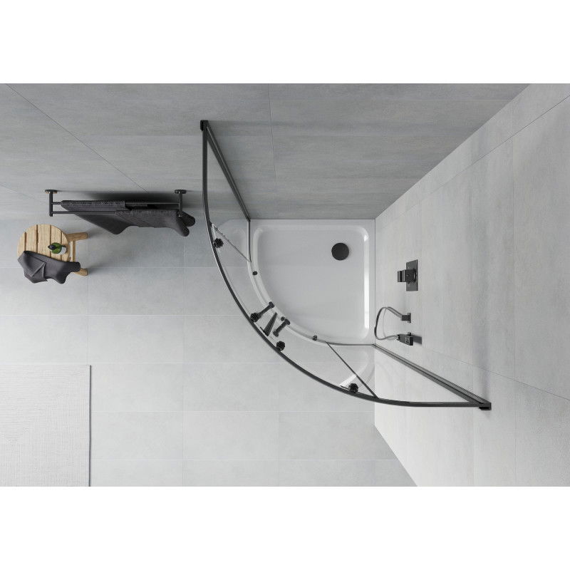 Mexen Rio душ кабина полукръгла 80 x 80 см, прозрачна, черна + поддушово корито Flat, бяло - 863-080-080-70-00-4110B