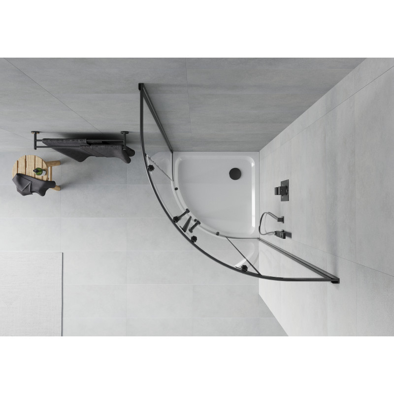Mexen Rio петвъртита душ-кабина 80 x 80 см, прозрачна, черна + тава Flat, бяла