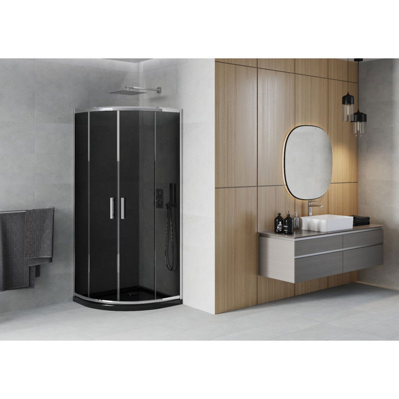 Mexen Rio ъглова душ кабина 90 x 90 см, графит, хром + корито Flat, черно - 863-090-090-01-40-4170