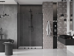 Mexen Velar L Duo плъзгащи се душ врати 150 см, прозрачни, черни - 871-150-003-02-70