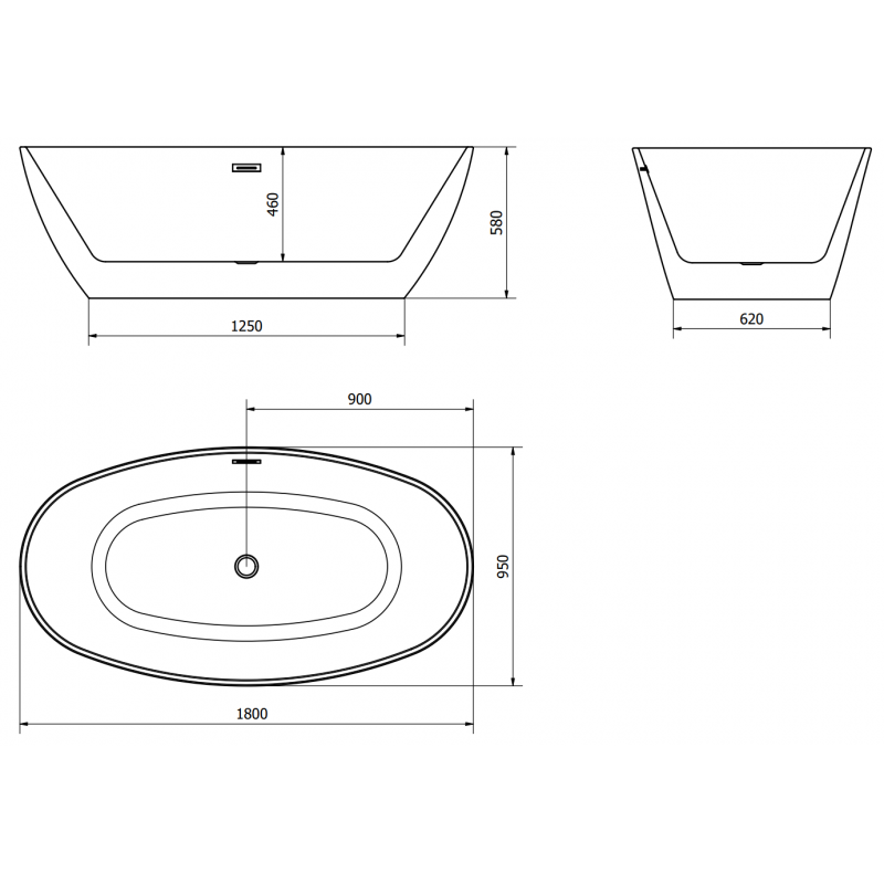 Mexen Eris свободностояща вана 180 x 95 см, бяла, преливник gun gray четкан - 53441809500-66